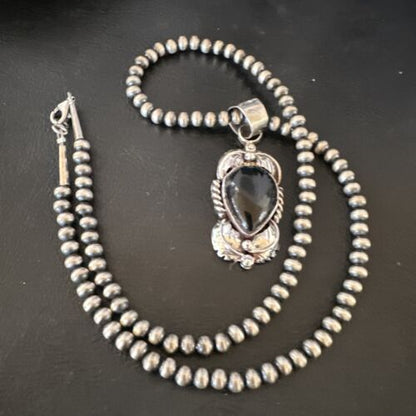 Native American Men's Pendant | Navajo Pearls | Sterling Silver Black Onyx Necklace | 16132
