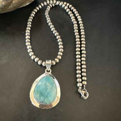 Navajo Blue Larimar Pendant Necklace | Sterling Silver Beads | Authentic Native American Handmade | 17563