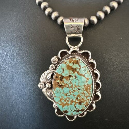 Navajo Blue #8 Turquoise Pendant Necklace | Sterling Silver Pearls | Authentic Native American Handmade | 15508