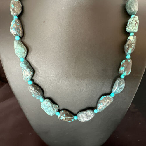 Navajo Blue Nugget Turquoise Bead Necklace | Sterling Silver Pearls | 20" | Authentic Native American Handmade | 16002