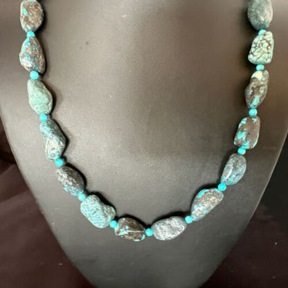 Navajo Blue Nugget Turquoise Bead Necklace | Sterling Silver Pearls | 20" | Authentic Native American Handmade | 16002