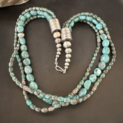 Navajo Spiderweb Turquoise Necklace | 3 Strands | Sterling Silver | 24" | Authentic Native American Handmade | 17403