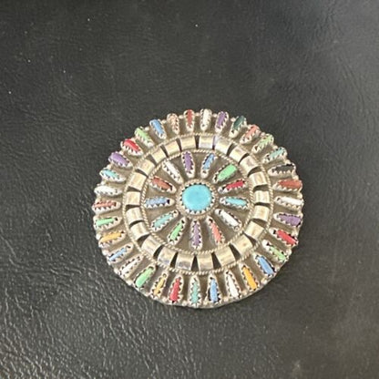Zuni Multi-Color Turquoise Needle Point Wheel Pin Pendant | Sterling Silver | Authentic Native American Handmade | 15154