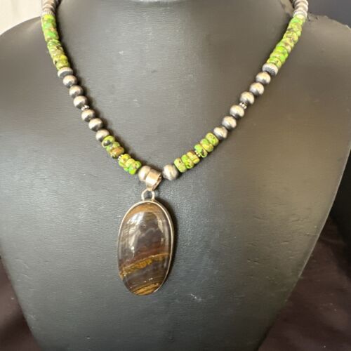 Navajo Green Turquoise Jasper Pendant | Sterling Silver Necklace | Authentic Native American Handmade | 16922