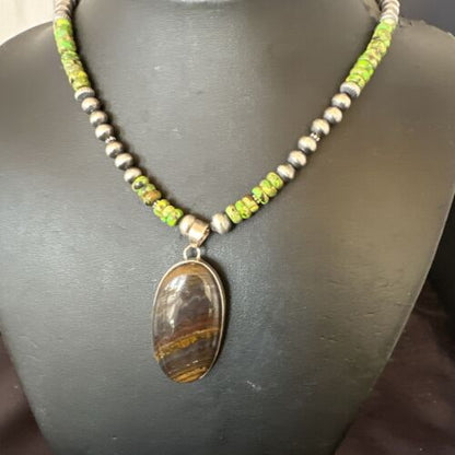 Navajo Green Turquoise Jasper Pendant | Sterling Silver Necklace | Authentic Native American Handmade | 16922