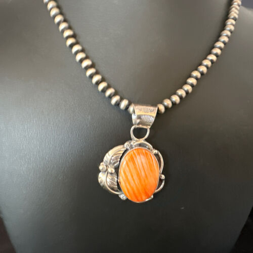 Navajo Orange Spiny Oyster Pendant Necklace | Sterling Silver | Authentic Native American Handmade | 15629