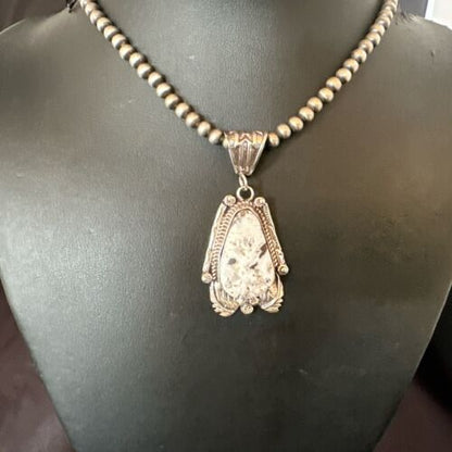 Navajo White Buffalo Turquoise Pendant Necklace | Sterling Silver | Authentic Native American Handmade | 17520