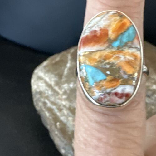 Navajo Turquoise Spiny Oyster Ring | Sterling Silver | Sz 8 | Authentic Native American Handmade | 16613