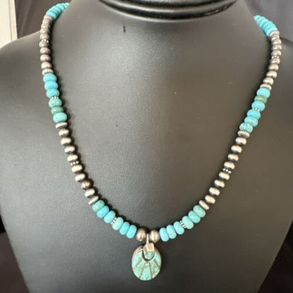 Navajo Blue Turquoise Inlay Pendant | Sterling Silver Necklace | Authentic Native American Handmade | 15423