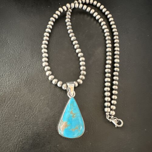Navajo Blue Kingman Turquoise Pendant Necklace | Sterling Silver | 20" | Authentic Native American Handmade | 17011