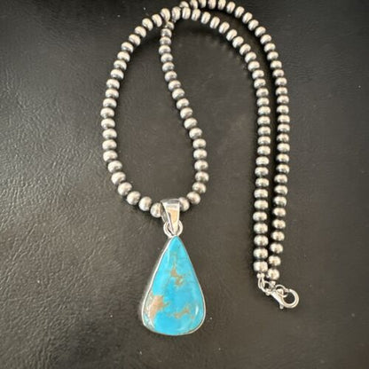 Navajo Blue Kingman Turquoise Pendant Necklace | Sterling Silver | 20" | Authentic Native American Handmade | 17011
