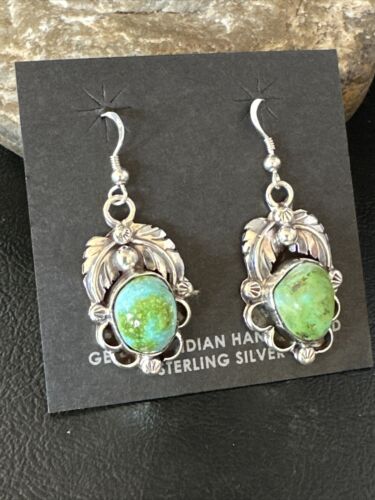 Navajo Green Sonoran Gold Turquoise Dangle Earrings | Sterling Silver | Authentic Native American Handmade | 14915