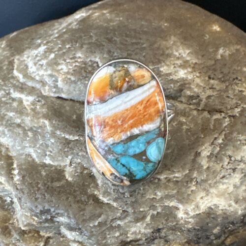 Navajo Turquoise Spiny Oyster Ring | Sterling Silver | Sz 8 | Authentic Native American Handmade | 16612