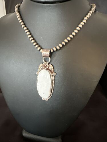Navajo White Buffalo Turquoise Pendant Necklace | Sterling Silver | Authentic Native American Handmade | 15616