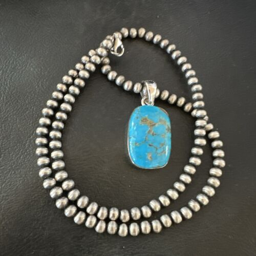 Navajo Blue Kingman Turquoise Pendant Necklace | Sterling Silver | 20" | Authentic Native American Handmade | 16997