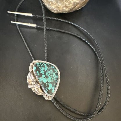 Men's Blue Spiderweb Turquoise Bolo Tie | Navajo Sterling Silver | Authentic Native American Handmade | 15011