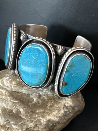 XL Men's Kingman Turquoise 3 Stone Cuff Bracelet | Navajo Sterling Silver | Authentic Native American Handmade | 15851