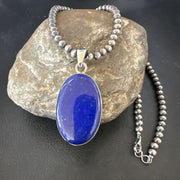Navajo Blue Lapis Pendant with Pearls | Sterling Silver Necklace | 20" | Authentic Native American Handmade | 16661