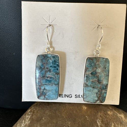 Navajo Blue Turquoise Dangle Earrings | Sterling Silver | Authentic Native American Handmade | 15437