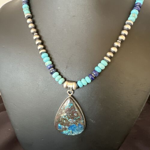 Blue Turquoise Jasper Pendant | Lapis Navajo Pearls | Sterling Silver Necklace 16927