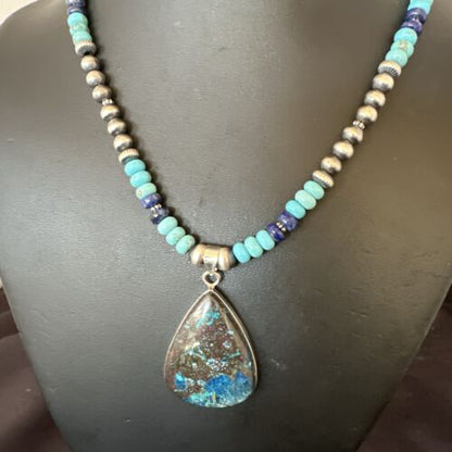 Blue Turquoise Jasper Pendant | Lapis Navajo Pearls | Sterling Silver Necklace 16927 - Masha USA