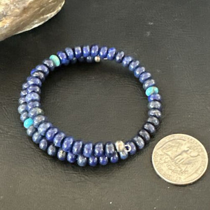 Navajo Lapis Turquoise Heishi Bracelet | Stainless Steel Memory Wire 6mm | Authentic Native American Handmade | 17614