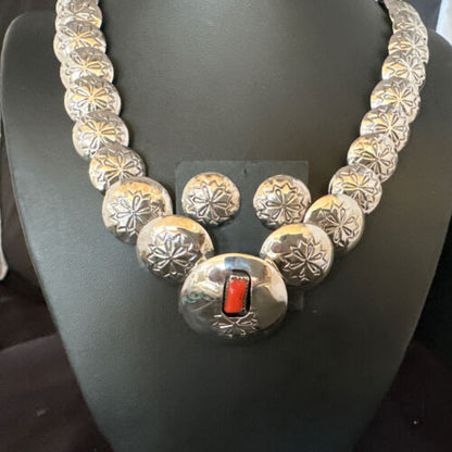 Navajo Red Coral Graduated Necklace | Sterling Silver Pillow Stamped | 18" | Authentic Native American Handmade | 15129