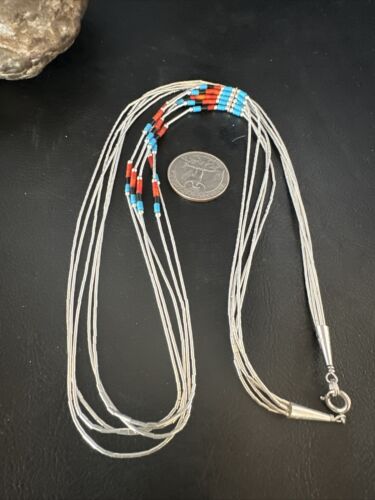 Multi-Color Liquid Silver Heishi Necklace | 5-Strand Sterling Tubes | 25" | Authentic Native American Handmade | 15136