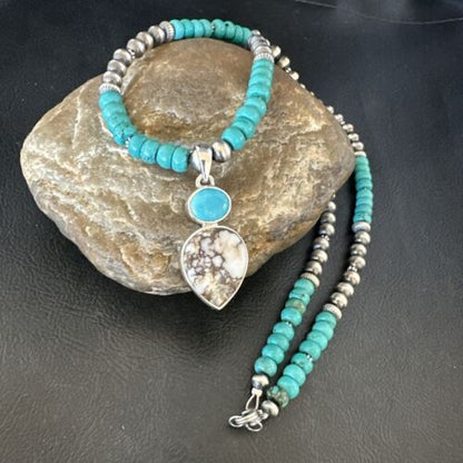 Navajo Wild Horse Blue Kingman Turquoise Necklace | Sterling Silver | Authentic Native American Handmade | 17525