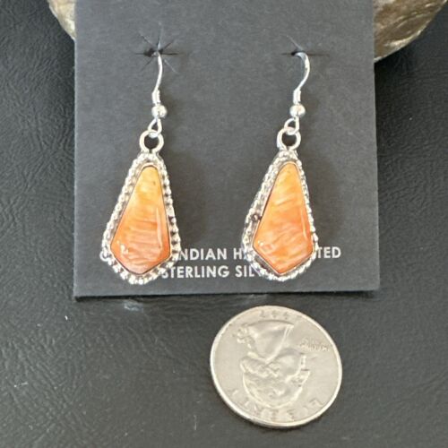 Navajo Orange Spiny Oyster Dangle Earrings | Sterling Silver | Authentic Native American Handmade | 17264