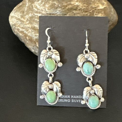 Navajo Blue Green Turquoise Dangle Earrings | Sterling Silver | 1.5" | Authentic Native American Handmade | 17386