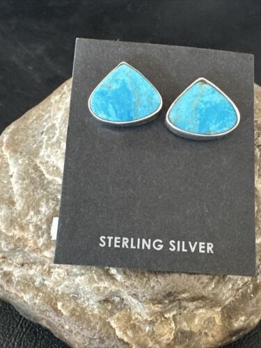 Navajo Blue Kingman Turquoise Post Stud Earrings | Sterling Silver | Authentic Native American Handmade | 17482
