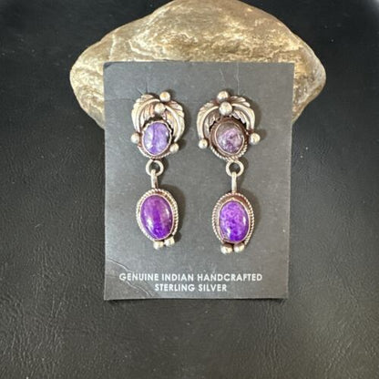 Navajo Purple Sugilite Charoite Dangle Earrings | Sterling Silver | 2" | Authentic Native American Handmade | 15258