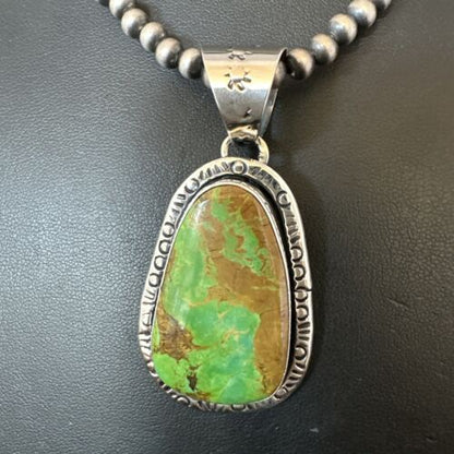 Navajo Green Gaspeite Pendant Necklace | Sterling Silver | Authentic Native American Handmade | 16359