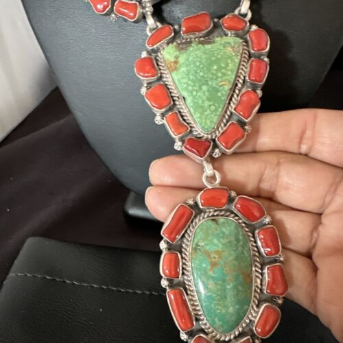 Navajo Green Turquoise and Coral Lariat Necklace Pendant | 23" | Authentic Native American Handmade | 16191