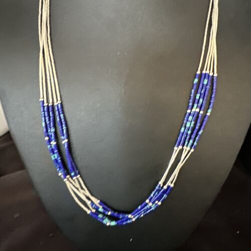 Navajo Blue Green Azurite 5-Strand Necklace | Sterling Silver | 20" | Authentic Native American Handmade | 15134