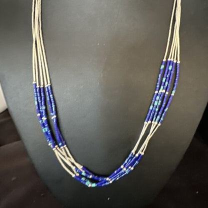 Navajo Blue Green Azurite 5-Strand Necklace | Sterling Silver | 20" | Authentic Native American Handmade | 15134