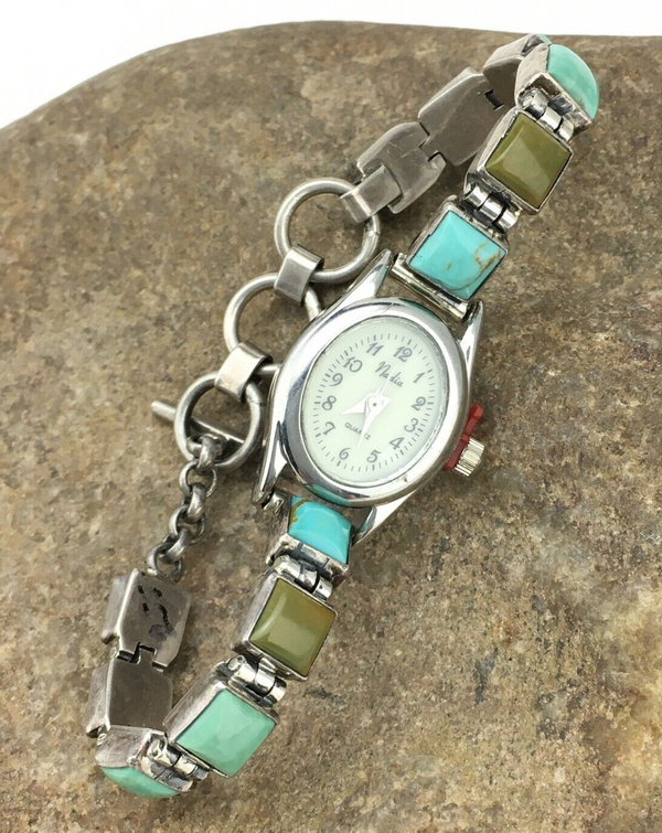 Navajo Blue Green Turquoise Watch Tips | Sterling Silver | Vintage | 7" | Authentic Native American Jewelry | 04916