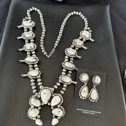 Navajo White Buffalo Turquoise Pendant Earrings | Sterling Silver Squash Blossom Necklace | 17443