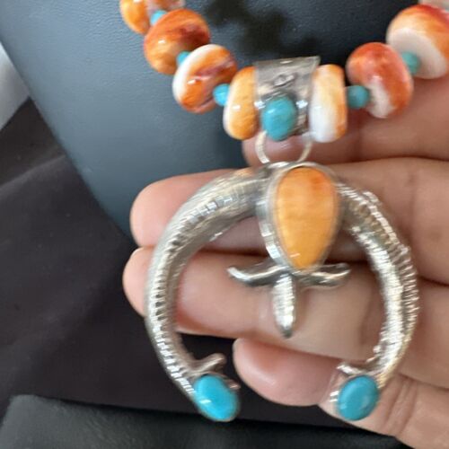 Navajo Blue Turquoise Spiny Oyster Naja Pendant Necklace | Sterling Silver | Authentic Native American Handmade | 16262
