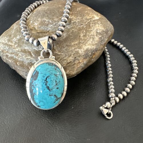 Men's Navajo Blue Spiderweb Turquoise Pendant Necklace | Sterling Silver | Authentic Native American Handmade | 16226