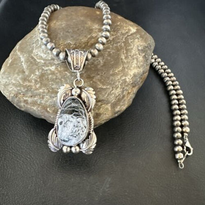 Navajo White Buffalo Turquoise Pendant Necklace | Sterling Silver | Authentic Native American Handmade | 17521