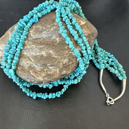 Navajo Blue Kingman Nugget Turquoise Necklace | Sterling Silver | 20" | Authentic Native American Handmade | 17463