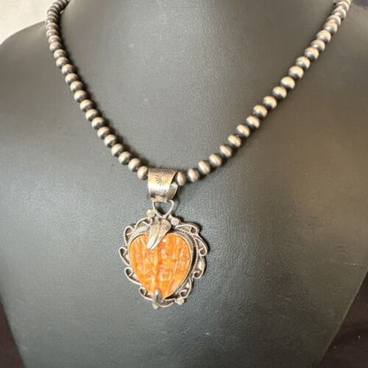 Navajo Orange Spiny Oyster Heart Pendant Necklace | Sterling Silver | Authentic Native American Handmade | 16297