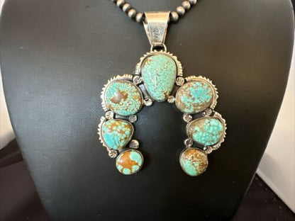 Navajo Blue Turquoise #8 Squash Blossom Necklace Naja Pendant | Sterling Silver | Authentic Native American Handmade | 16896