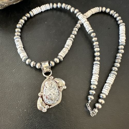 Navajo White Buffalo Turquoise Pendant Necklace | Sterling Silver | Authentic Native American Handmade | 17336