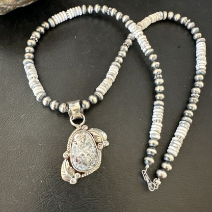 Navajo White Buffalo Turquoise Pendant Necklace | Sterling Silver | Authentic Native American Handmade | 17336