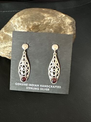 Navajo Burgundy Carnelian Dangle Earrings | Sterling Silver | Authentic Native American Handmade | 14926