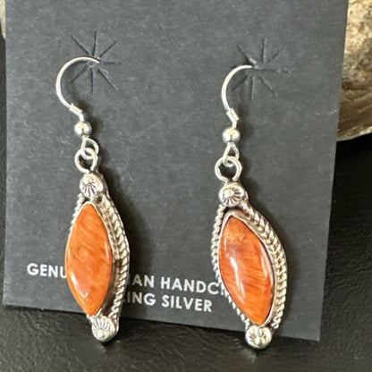 Navajo Orange Spiny Oyster Dangle Earrings | Sterling Silver | Authentic Native American Handmade | 17276