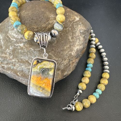 Men's BumbleBee Jasper Pendant Necklace | Navajo Pearls | Sterling Silver | Authentic Native American Handmade | 16874